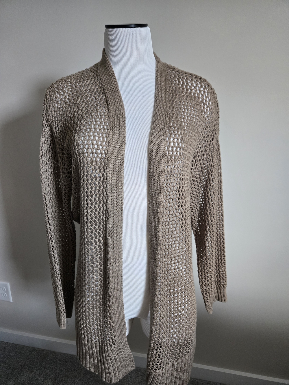 Open-Weave Long Cardigan in Taupe